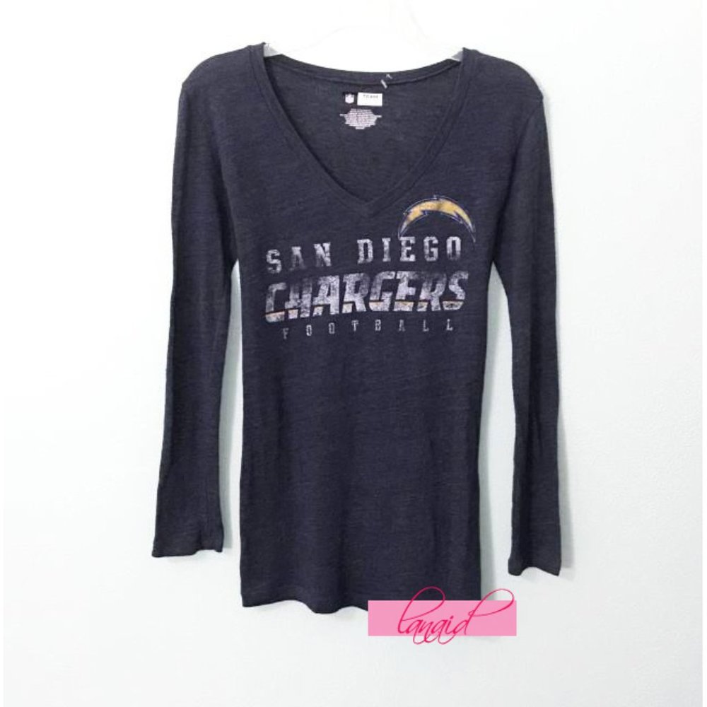 NFL Tri-Blend Long Sleeve V-Neck San Diego Chargers Fuzzy Fleece Stretchy Top S